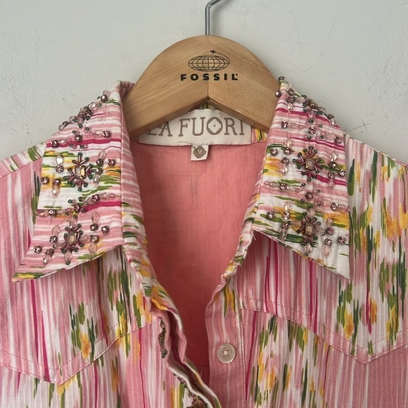 La Fuori- Anthropologie Pink Green Embroidered Romper- CiriOut Size Medium 🔲 - Picture 7 of 16